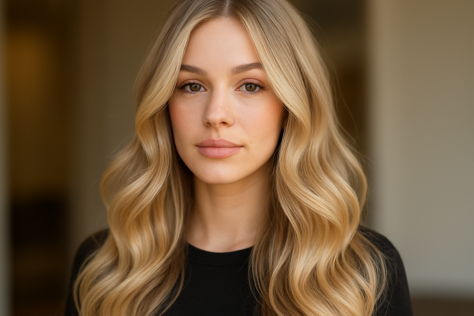 Portret młodej kobiety z długimi, falującymi blond włosami, o naturalnym makijażu i delikatnym uśmiechu, na tle jasnej, neutralnej scenerii.